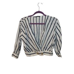 Zara Womens Blue Striped Linen Cropped Top L European Vacation Resort Nautical